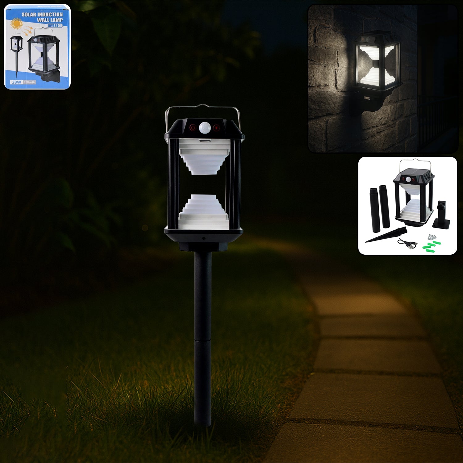 Solar motion sensor LED wall lamp mounted outdoors providing bright light