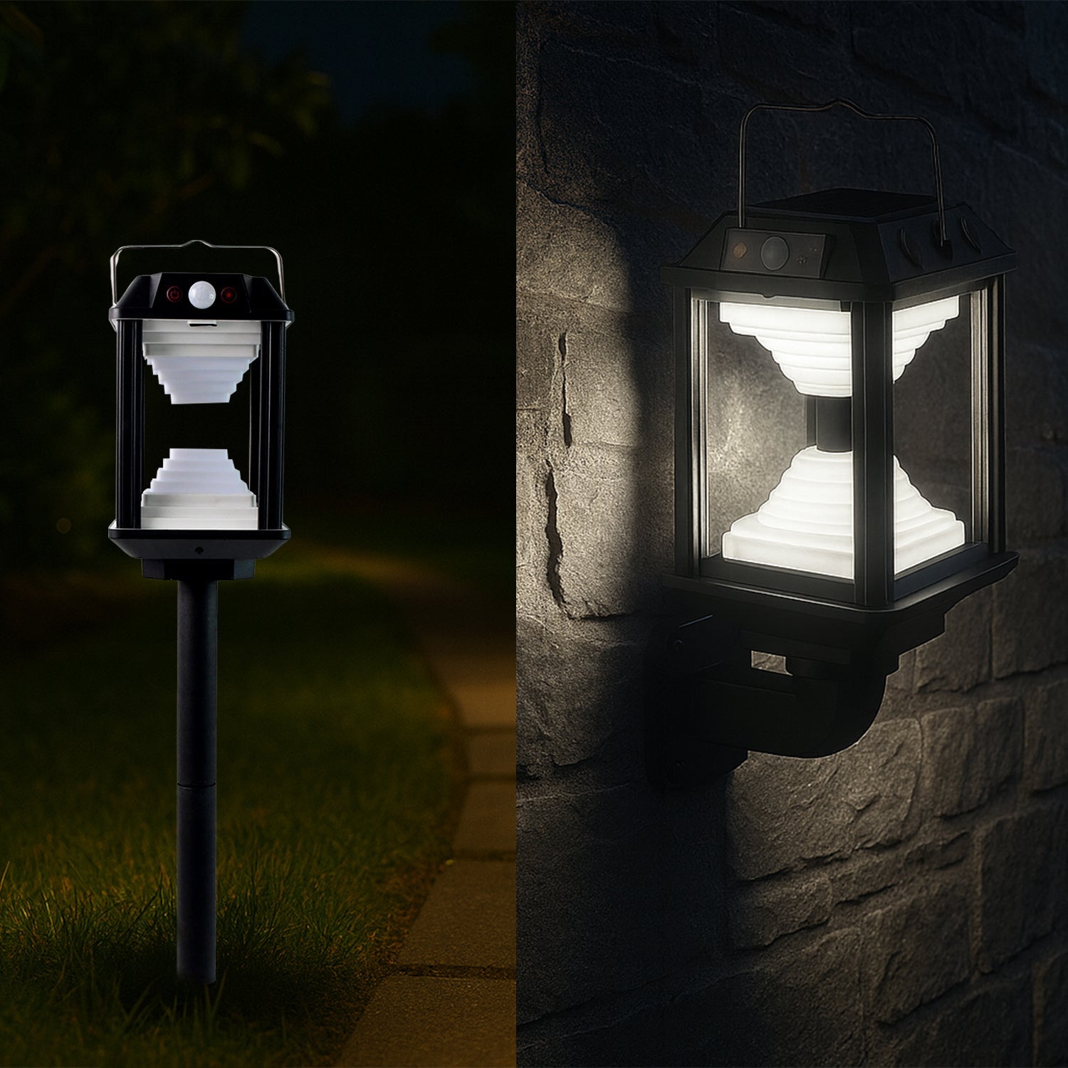 Bright white LED illumination from solar induction wall lamp outdoors