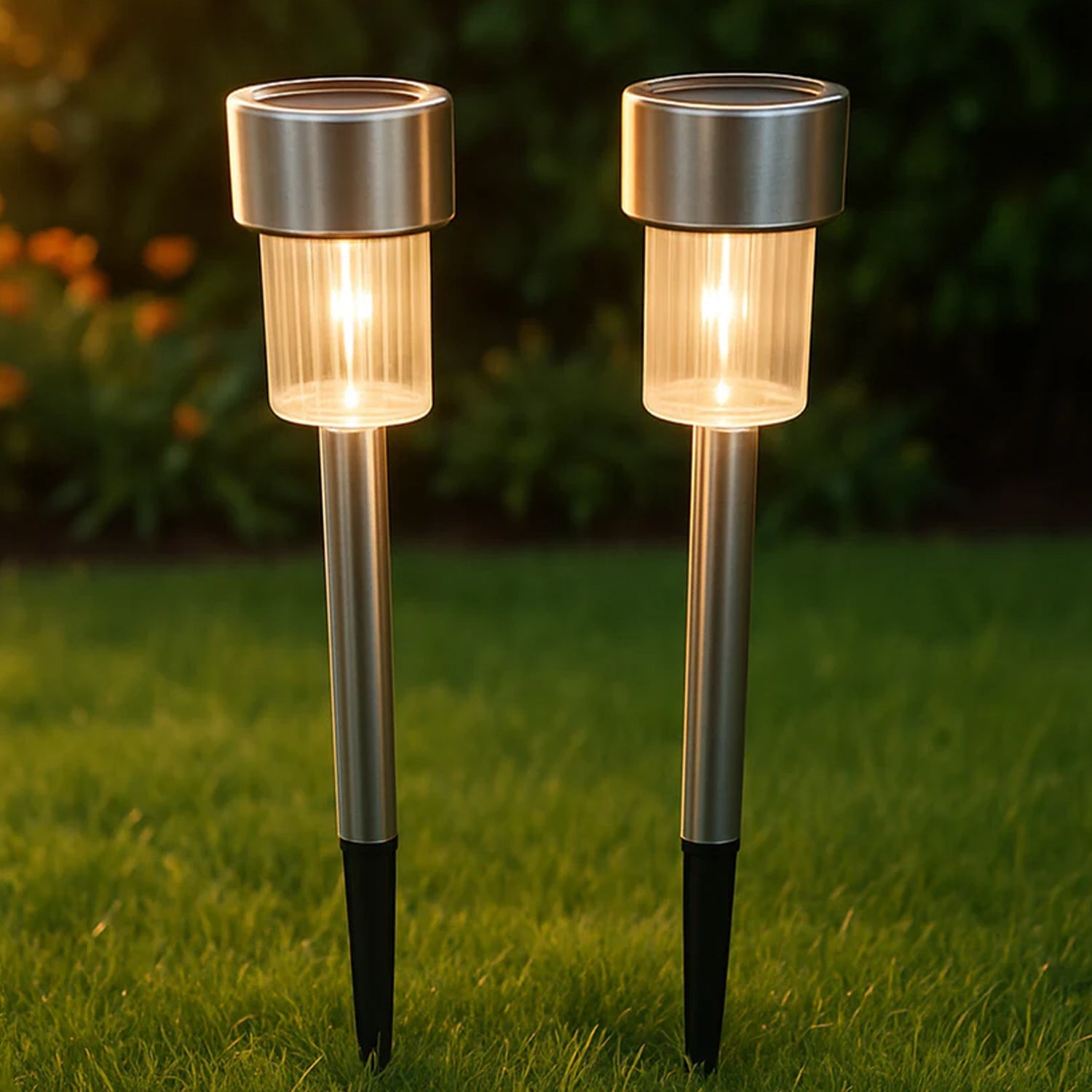 Lifestyle image showing  solar lawn lamps illuminating garden edge