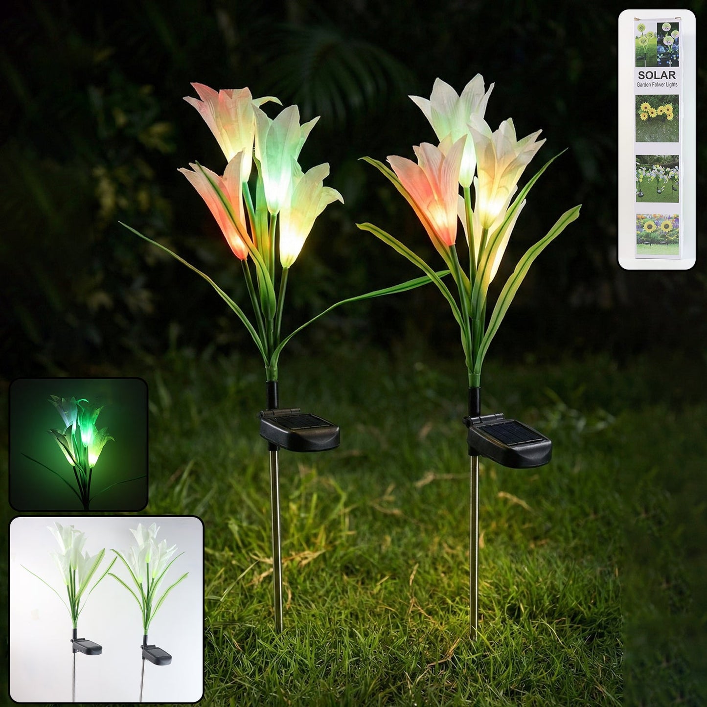 Set of two solar garden flower lights glowing with multicolour LEDs in outdoor setting