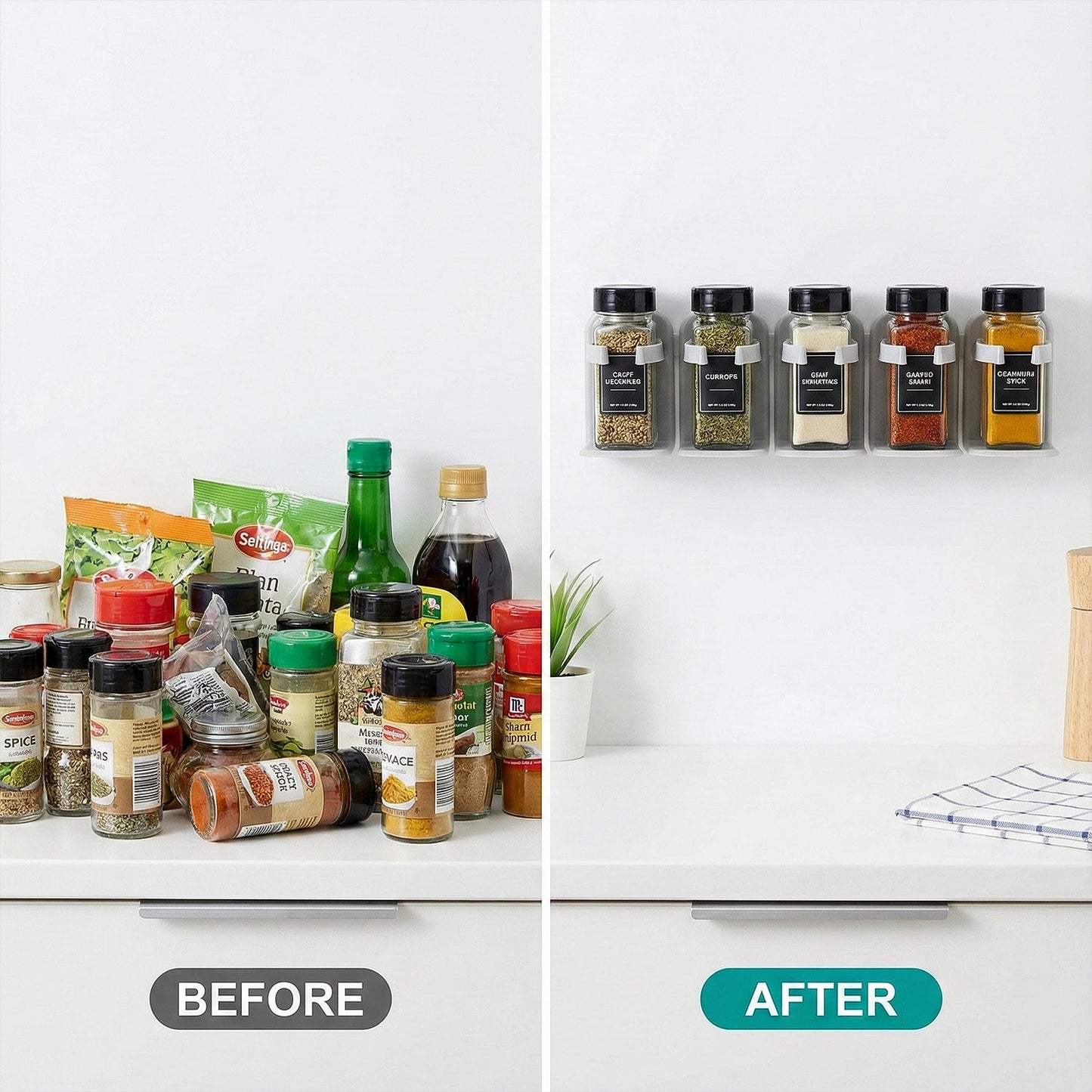 Spice jar storage rack mounted with adhesive for easy access