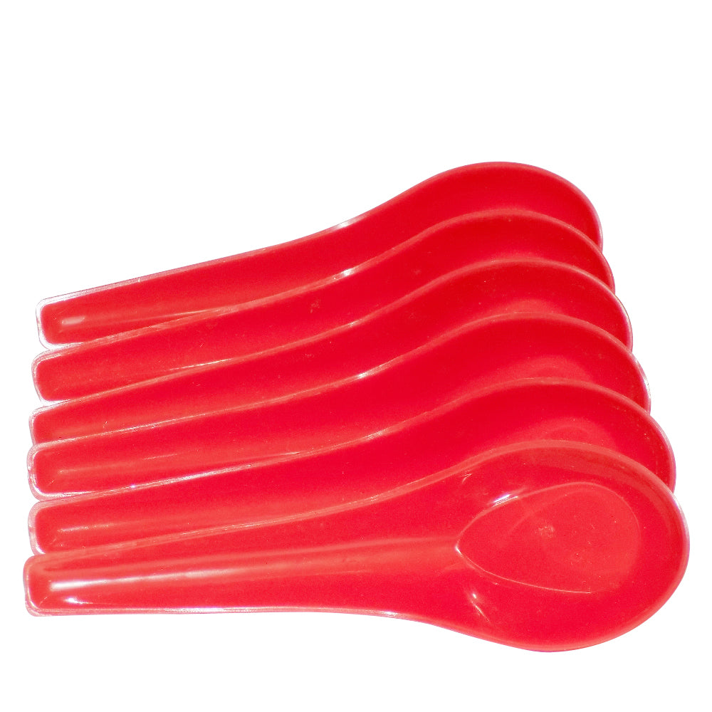 Close-up of a single soup spoon, bowl, and saucer, emphasizing the food-grade plastic material.
