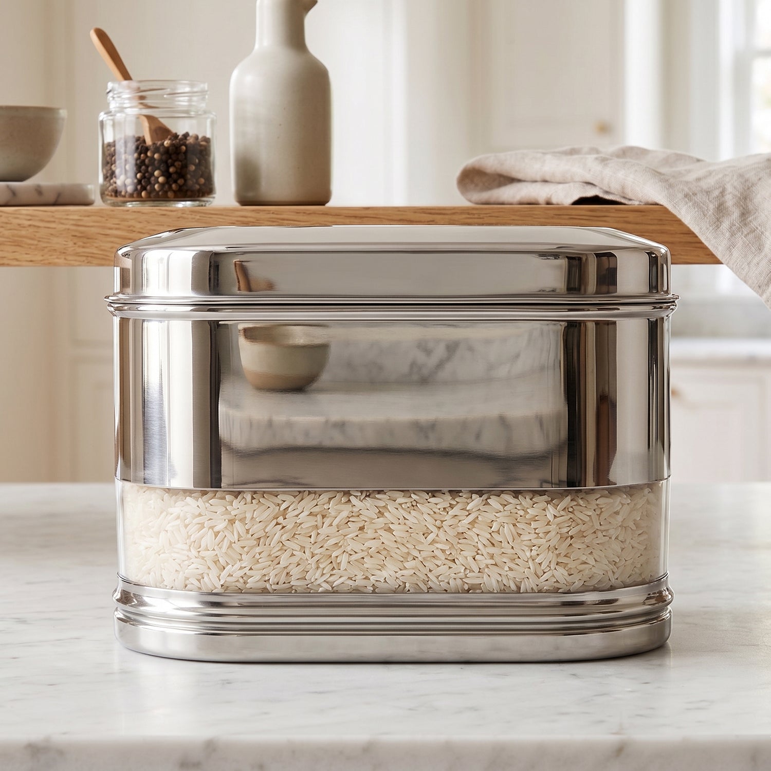 Side view of stainless steel modular oval canister in kitchen