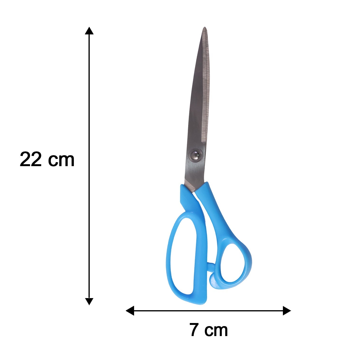 Display showing the 9.5 inch length of the stainless steel scissors.