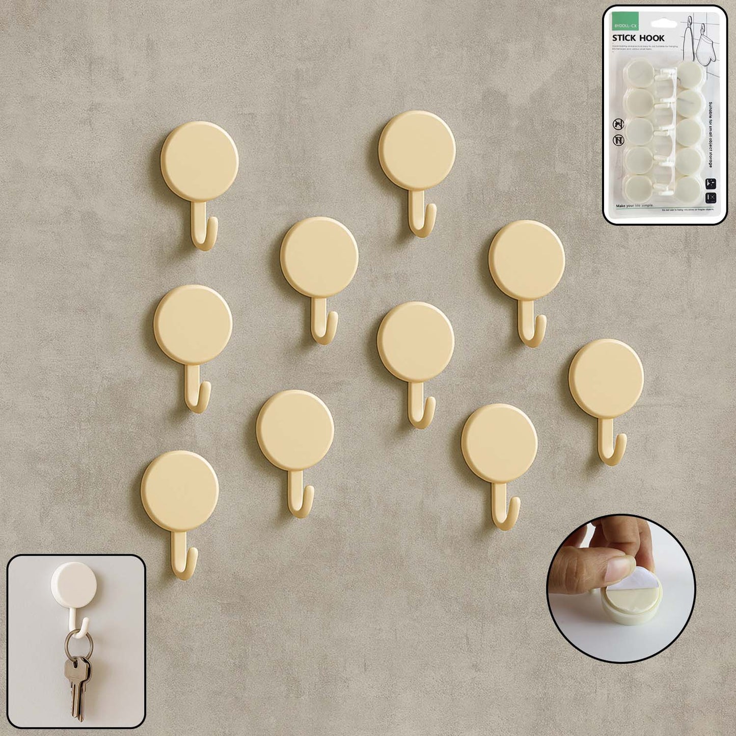 Set of 10 self adhesive round wall hooks arranged neatly for home organization