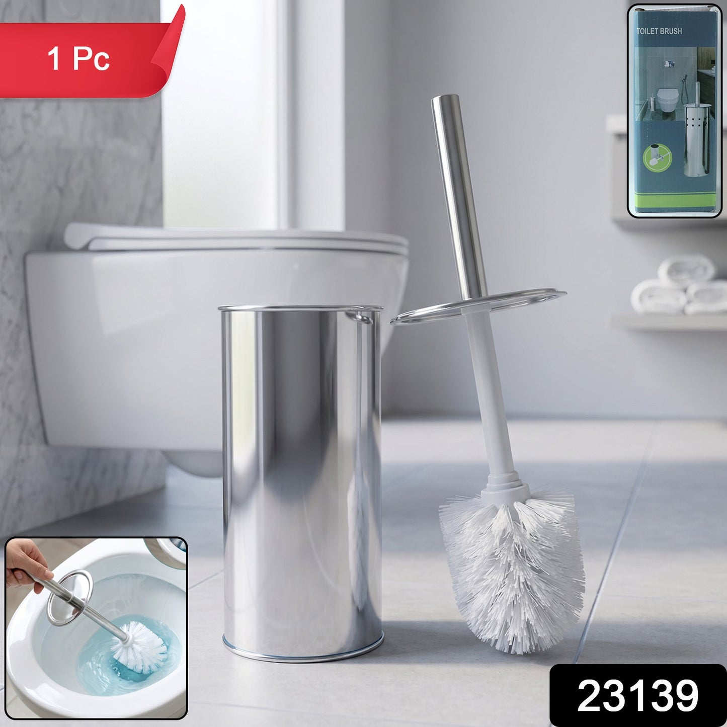 Close-up of toilet cleaning brush showing durable bristles and ergonomic handle