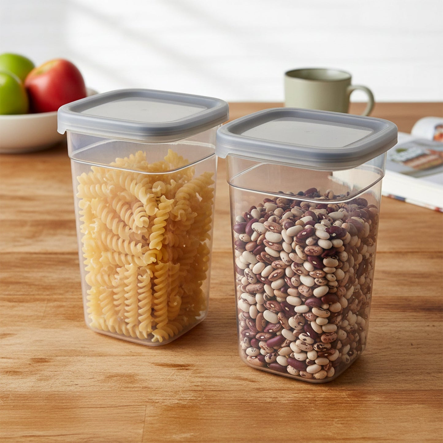 Transparent plastic food storage container featuring an airtight lid