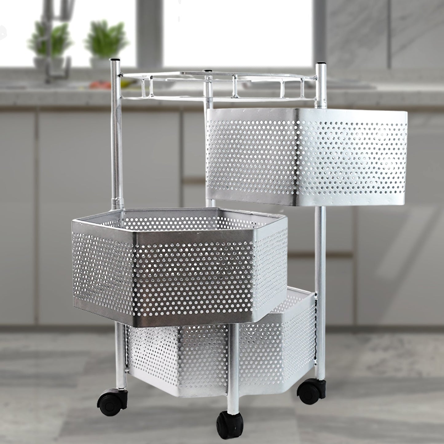 Vertical kitchen storage trolley stand with space-saving hexagon shelves