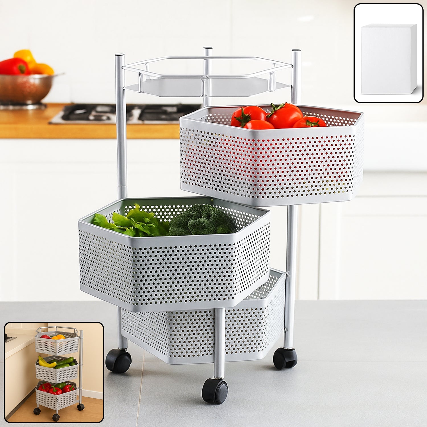 Premium kitchen storage trolley with 3-layer hexagon metal baskets and wheels