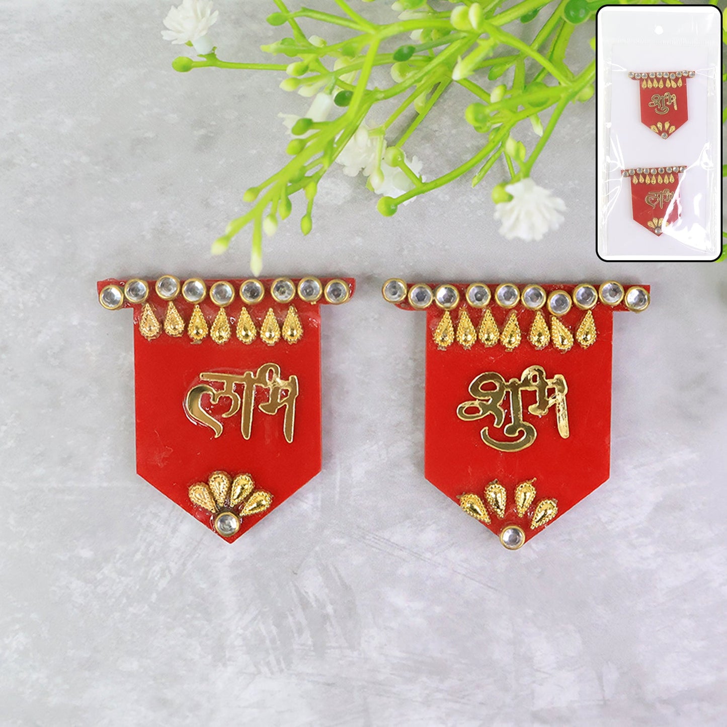 Set of Shubh Labh wall hangings with red and golden design and decorative stones