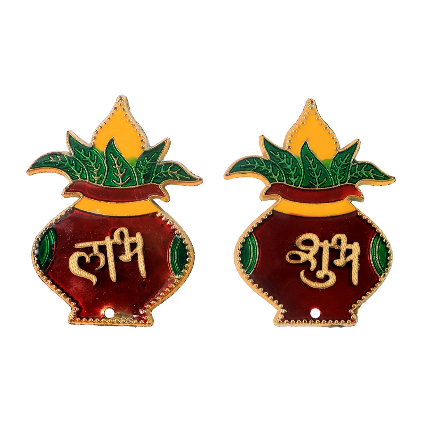 Brightly colored Shubh Labh Kalash wall hangings enhancing festive atmosphere