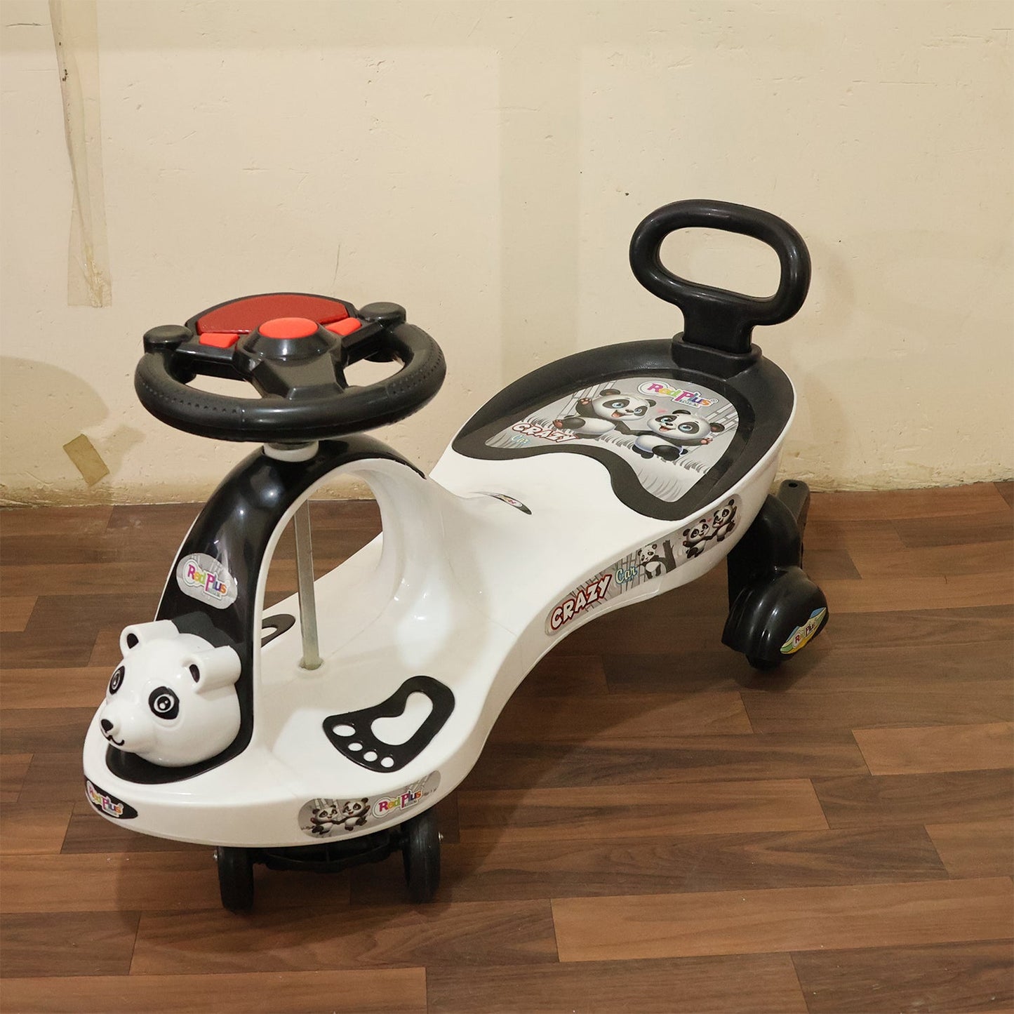 Rear view of baby swing car ride-on toy with stable and smooth wheels