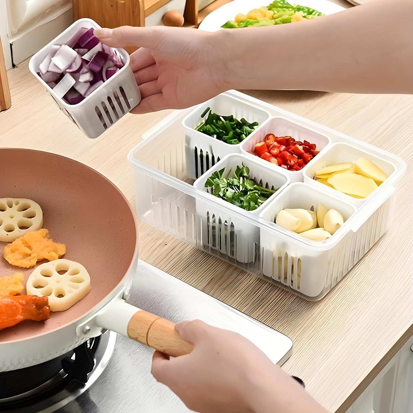 Empty fridge storage box ready for organizing vegetables and fruits in a modern kitchen.