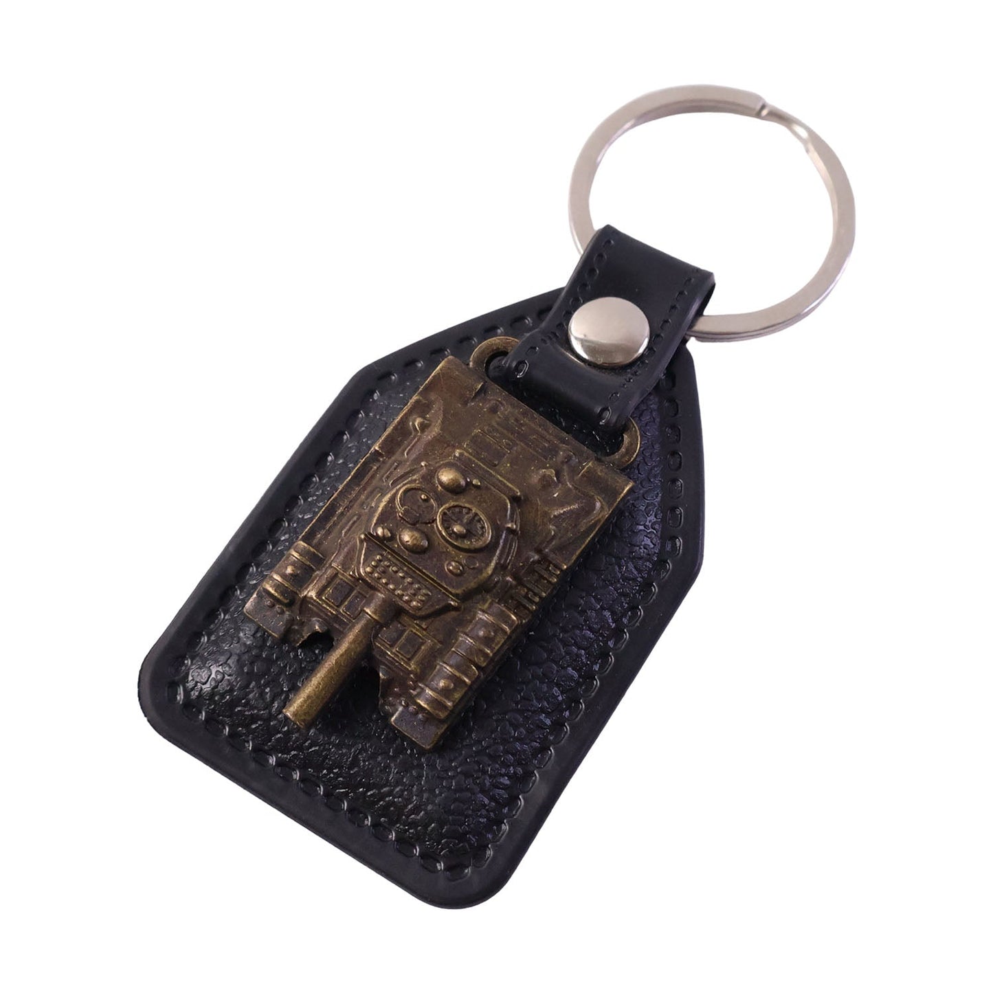 Close-up of metal tank emblem on vintage style leather finish keychain