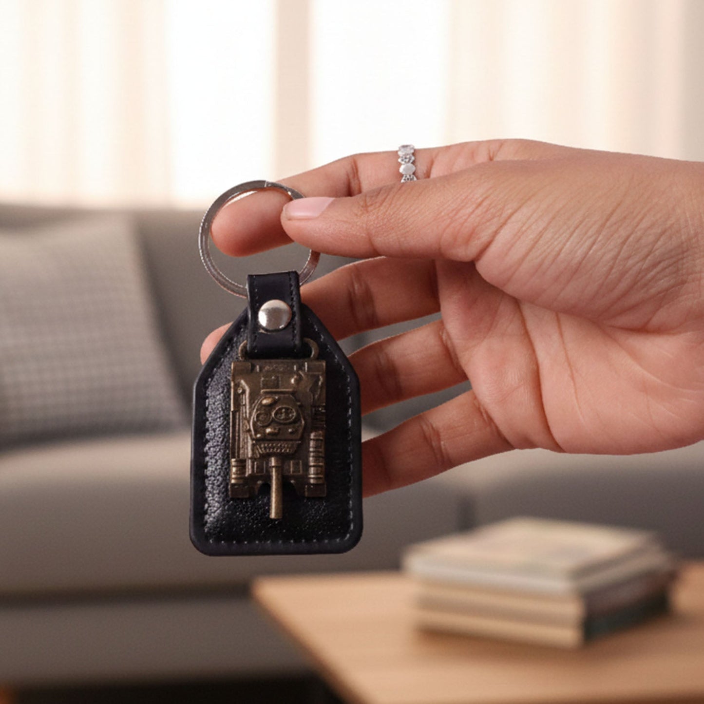 Stylish leather finish military tank keychain for car and bike keys