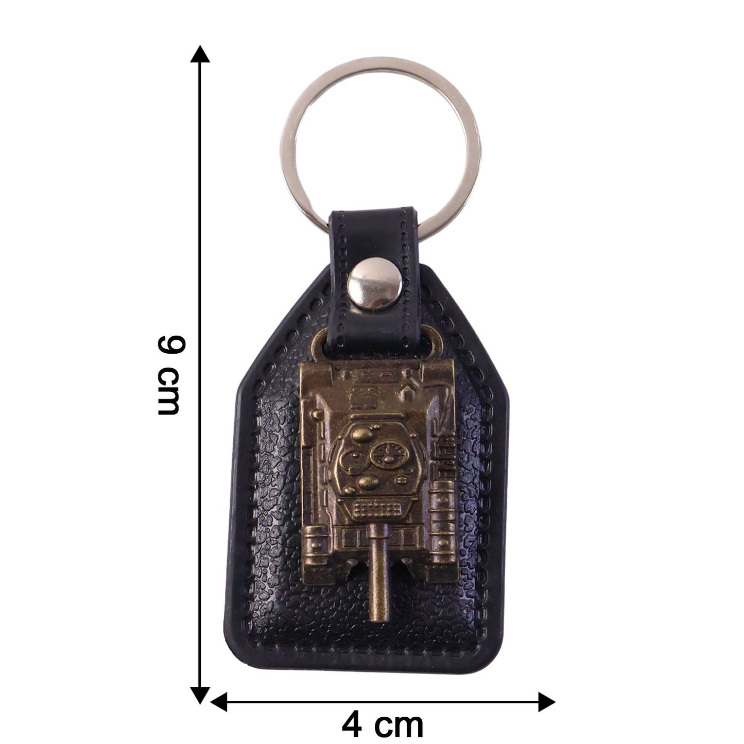 Size display of military tank design leather finish keychain showing compact dimensions