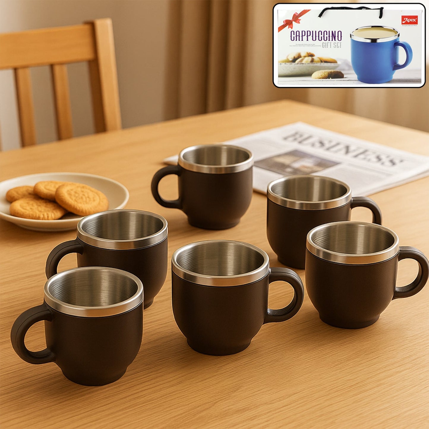 Set of six matte brown stainless steel cappuccino mugs with double wall insulation