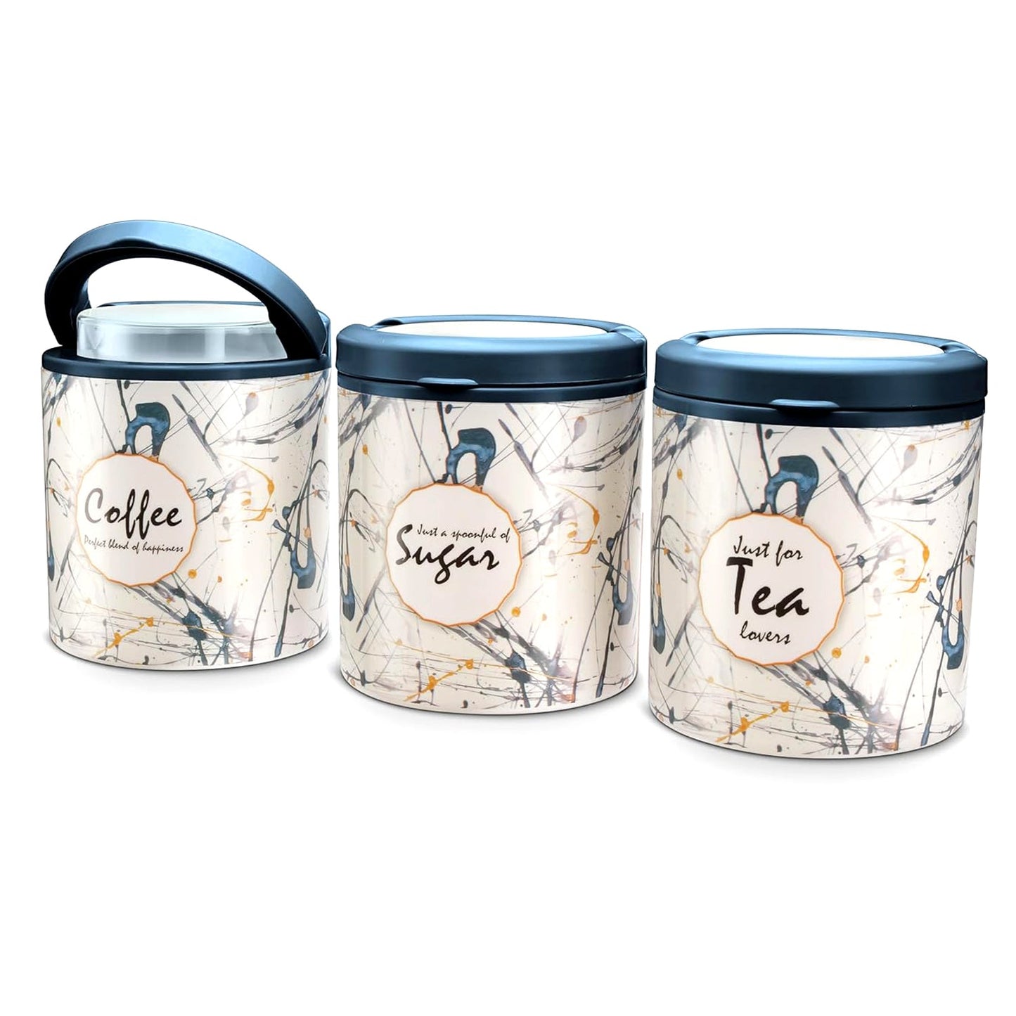 Compact cylindrical plastic container set for tea, coffee, and sugar storage
