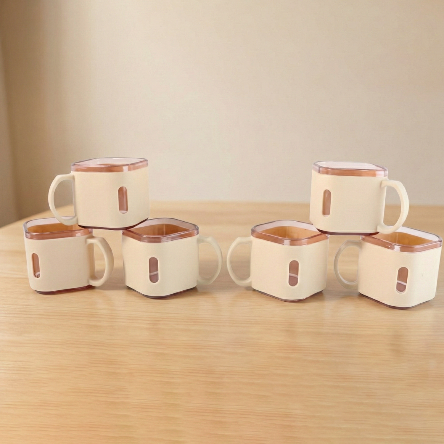 Close-up view of square tea cups showing modern design