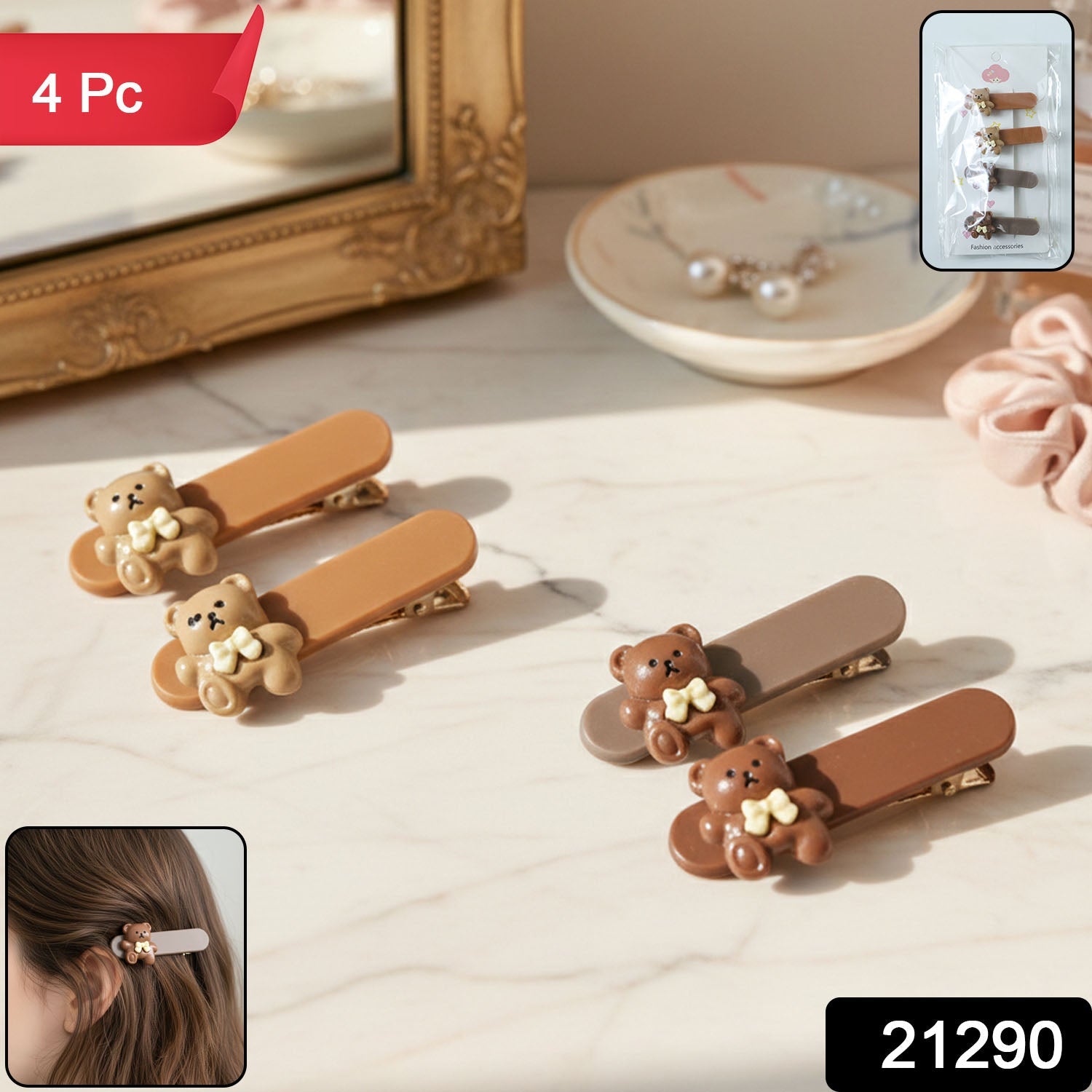 Close-up of secure snap teddy bear hair clip in pastel colors