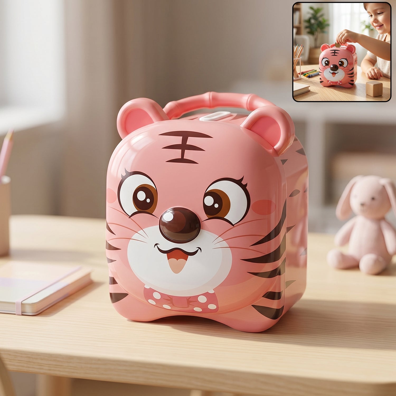 Playful metal piggy bank with secure locking mechanism