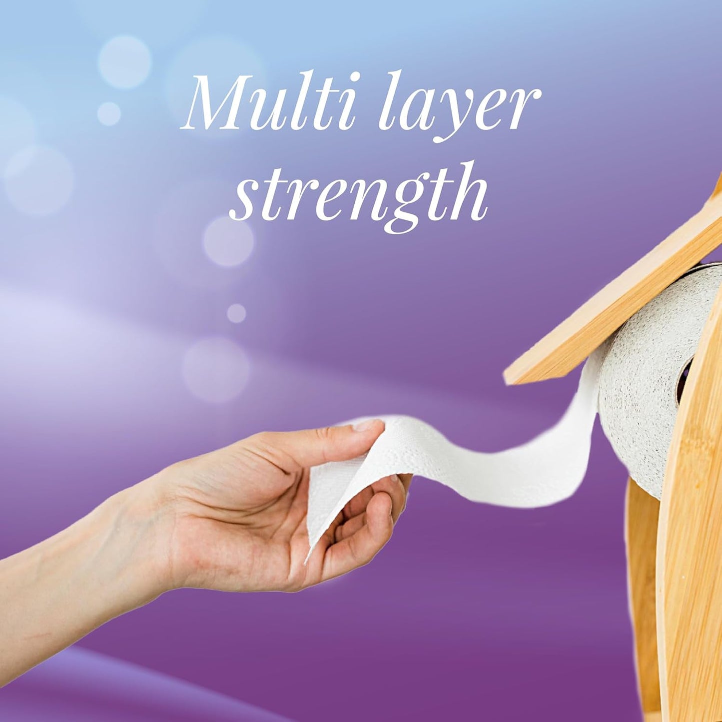 Three Freshee bathroom tissue rolls stacked, showing quality and absorbency.