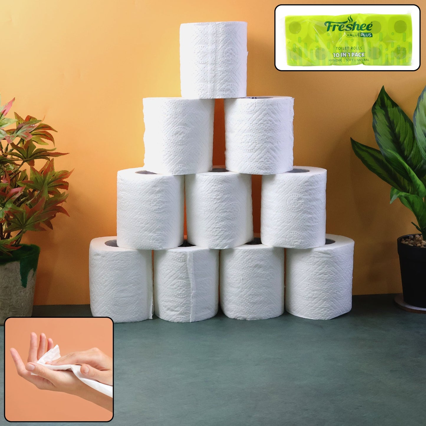 Soft embossed toilet tissue rolls in a 10-roll family pack for daily hygiene.