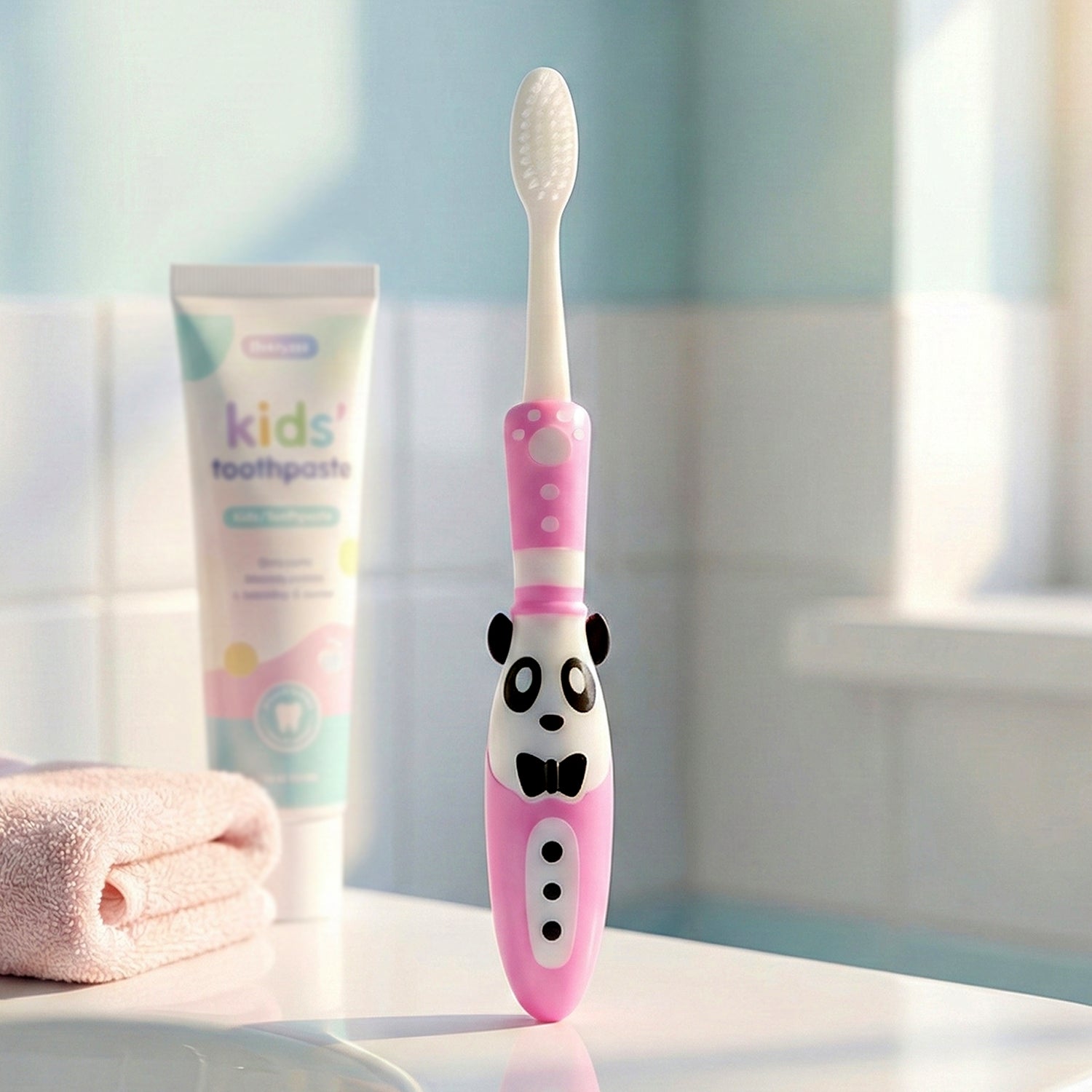 Kids toothbrush with panda design and accompanying fidget spinner