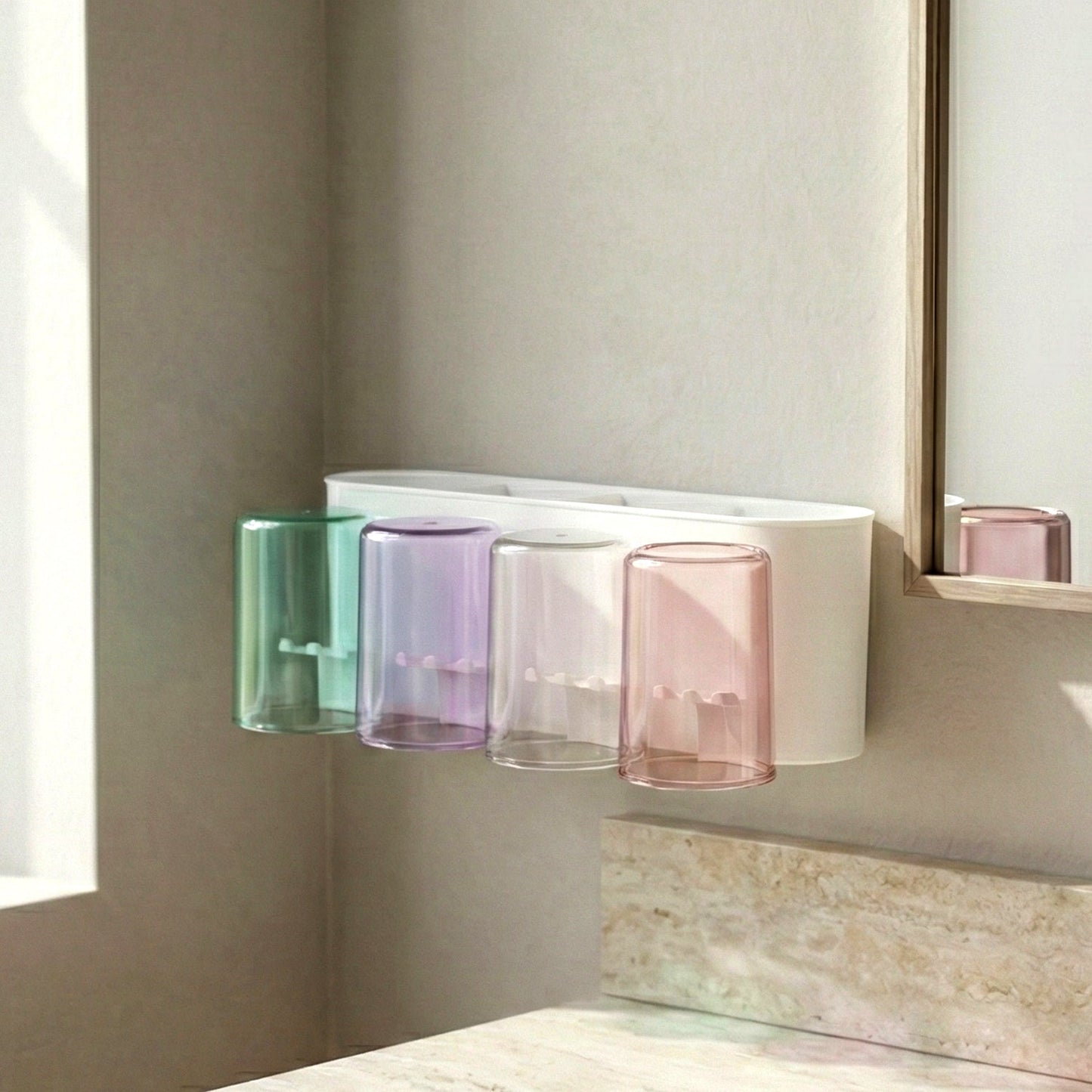 Multi slot wall toothbrush holder with compartments for toothpaste and razors