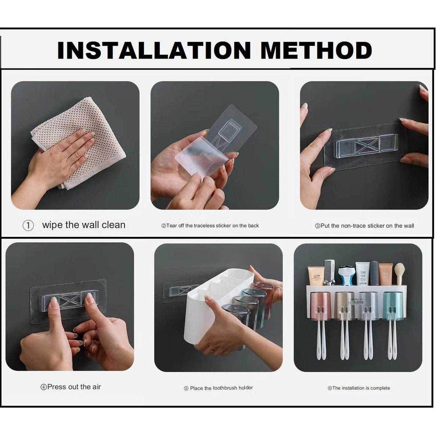 Durable plastic wall mounted toothbrush holder with storage for grooming accessories