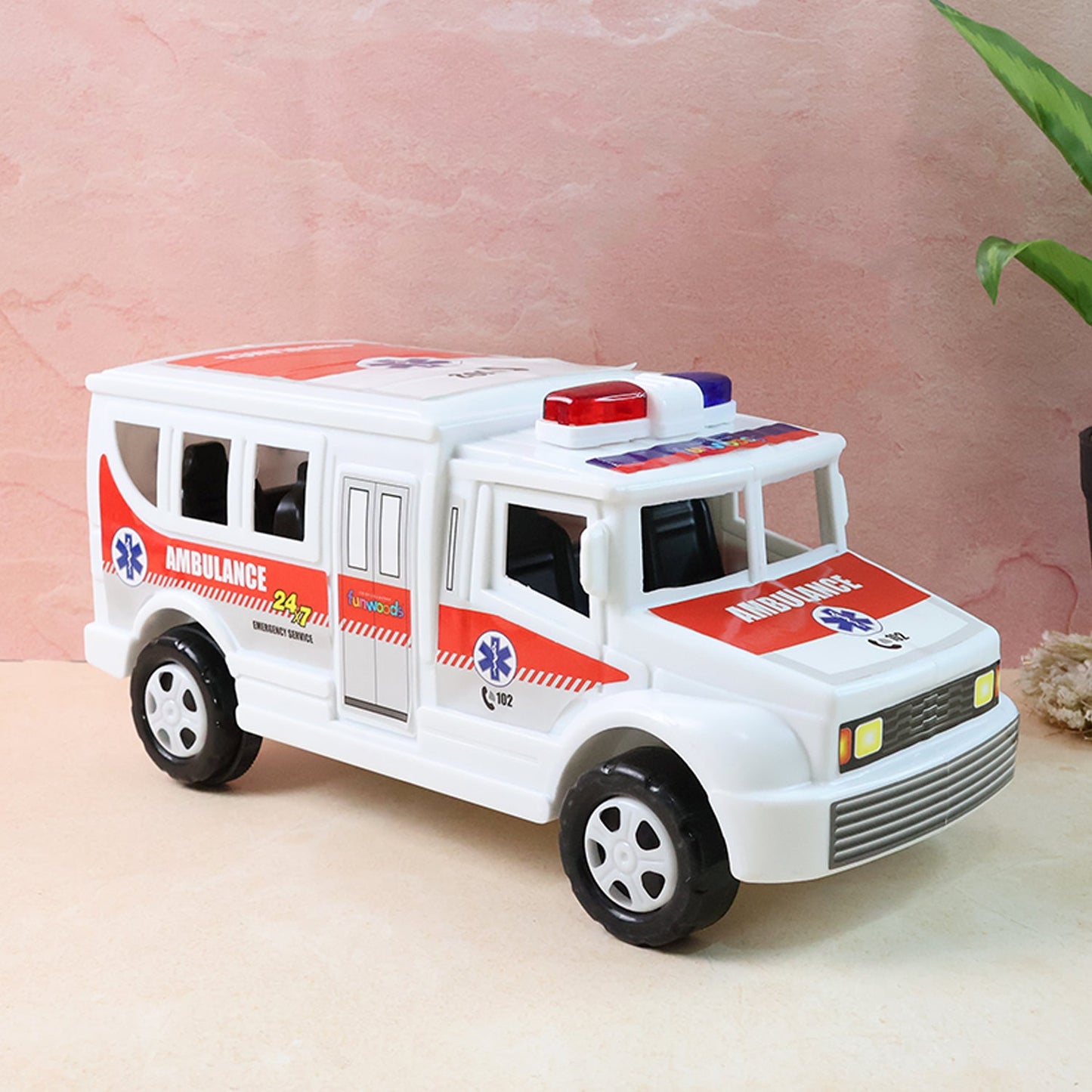 Top view highlighting detailed friction powered ambulance toy design