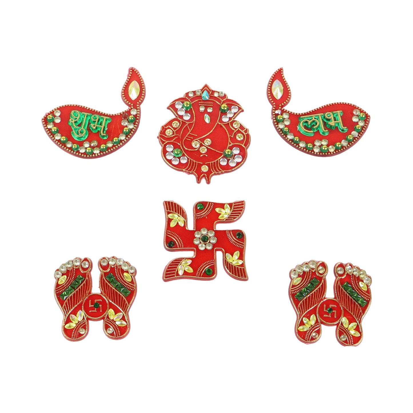 Traditional Shubh Labh decorative set with bright beads and embellishments