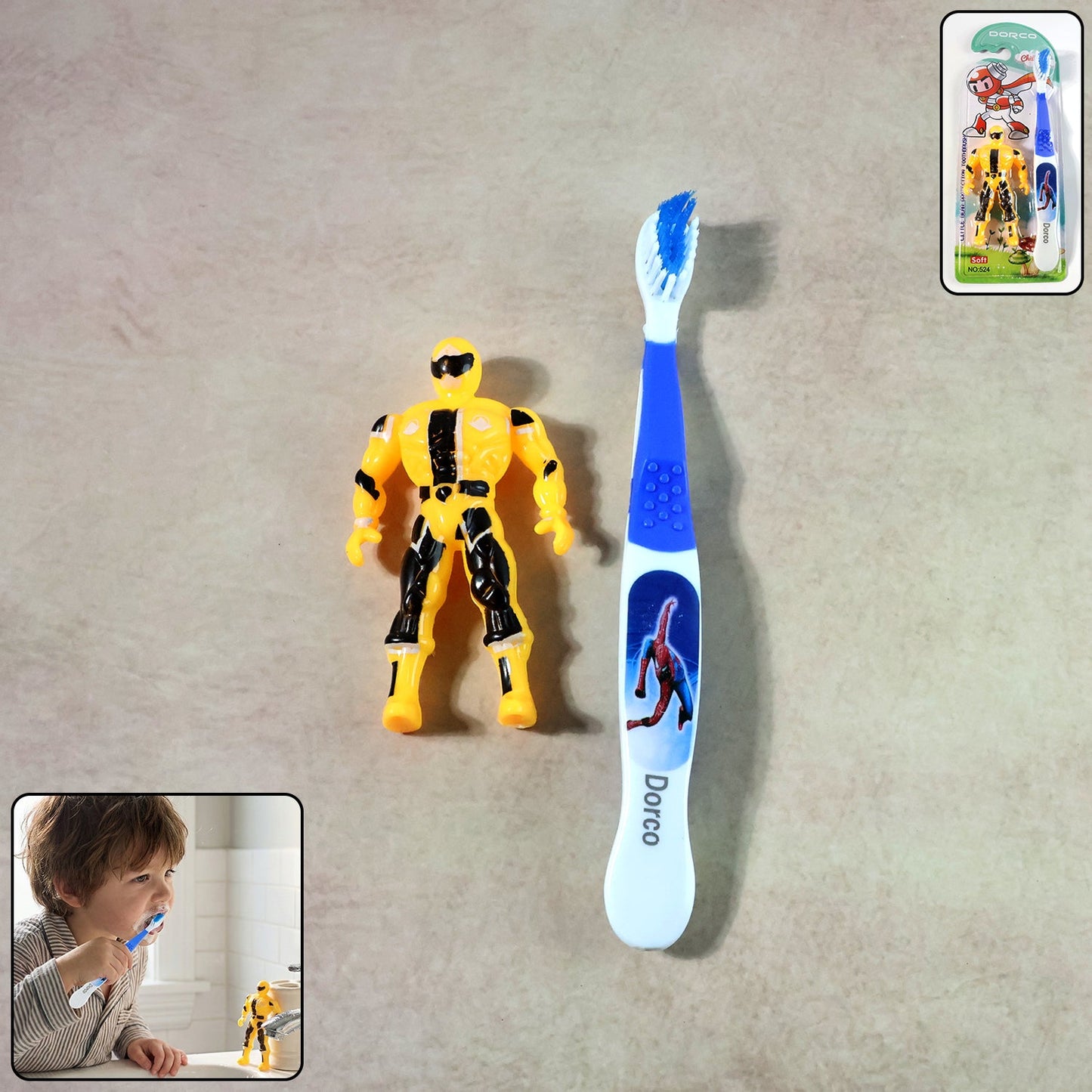 Kids toothbrush set featuring soft bristles and cartoon robot toy