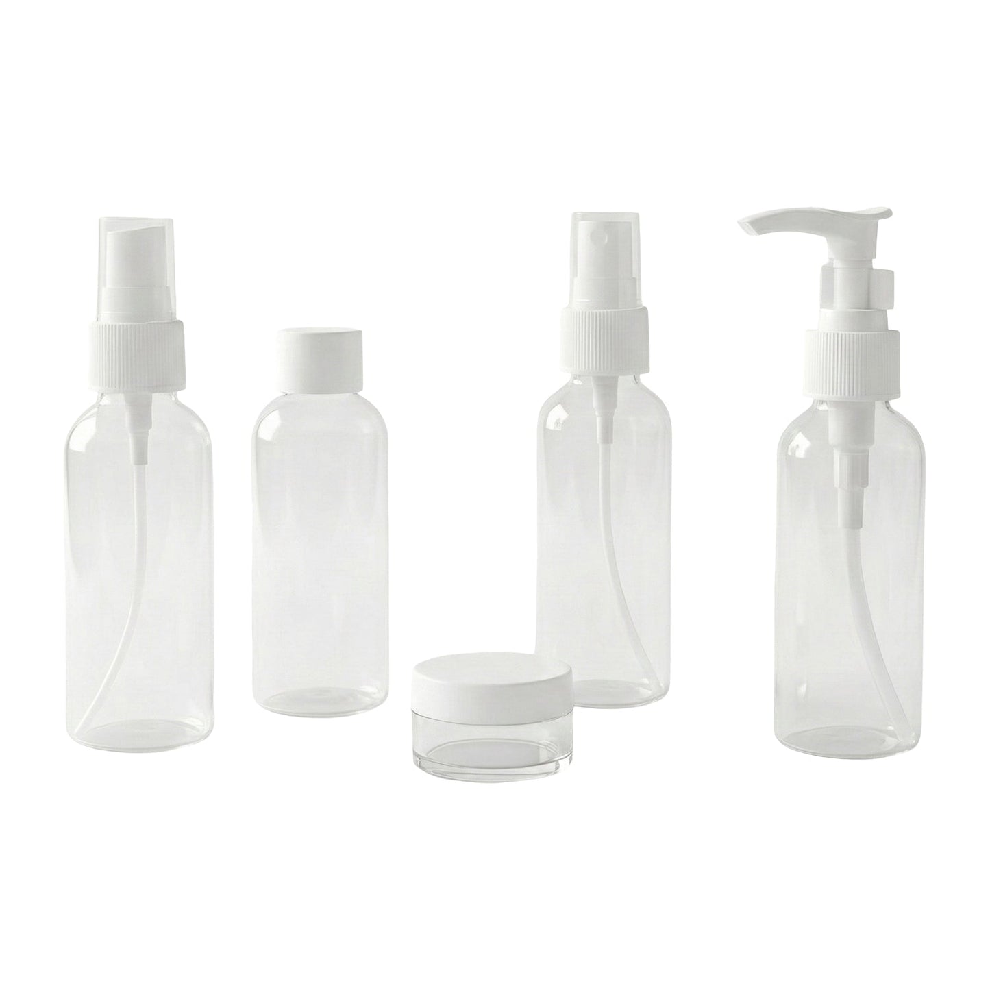 Travel bottle combo including pump, spray, and flip cap refillable containers