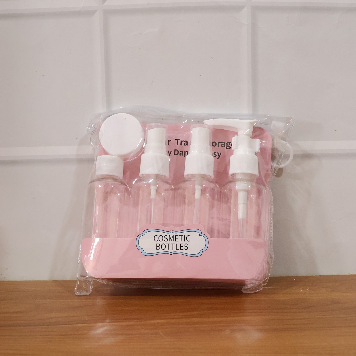 Portable cosmetic bottle set for travel with multiple closure types