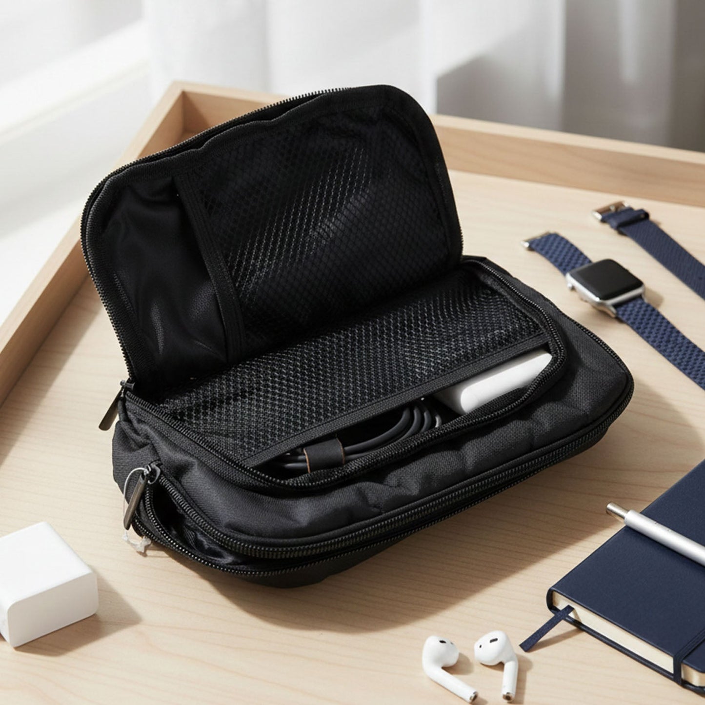 Durable compact electronics organizer pouch angled view