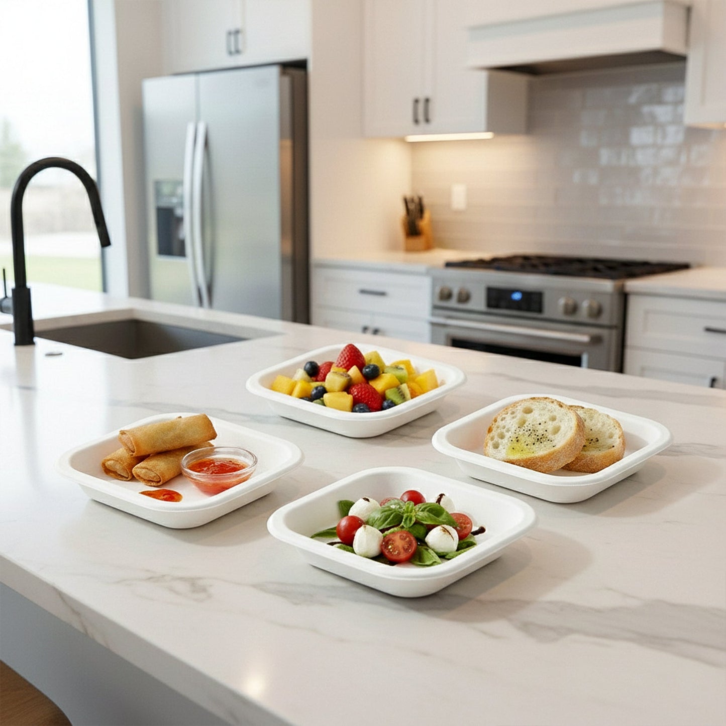 Hygienic disposable square food tray perfect for catering services.