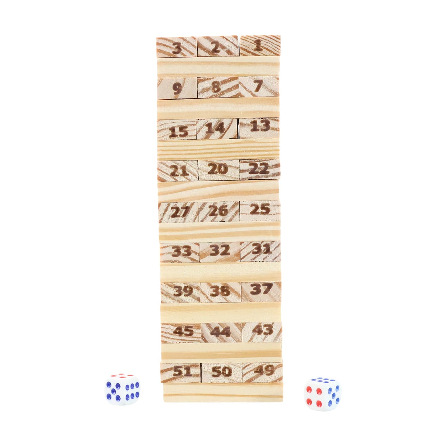 Close view of numbered wooden blocks used in Tumbling Tower game