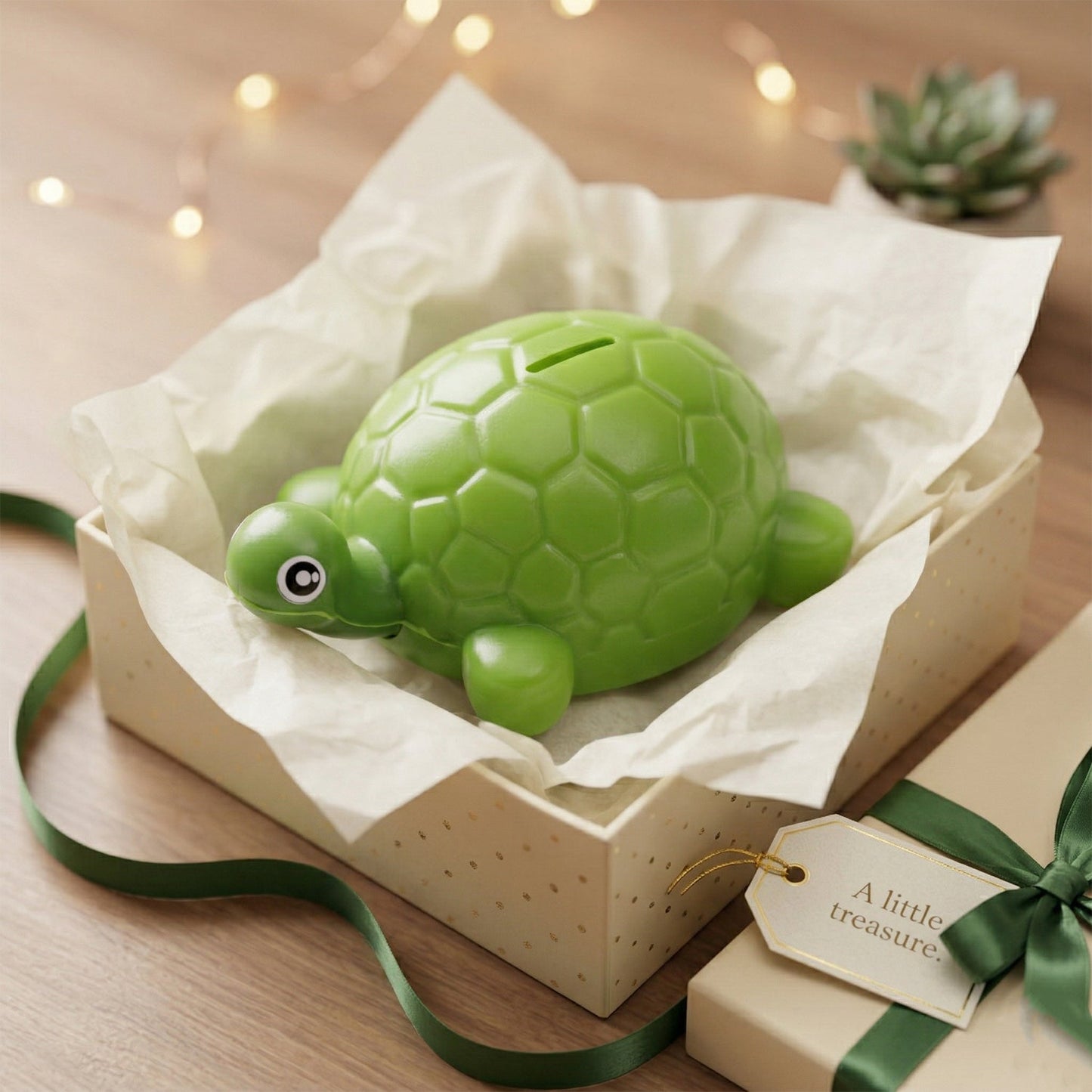 Side view of tortoise piggy bank