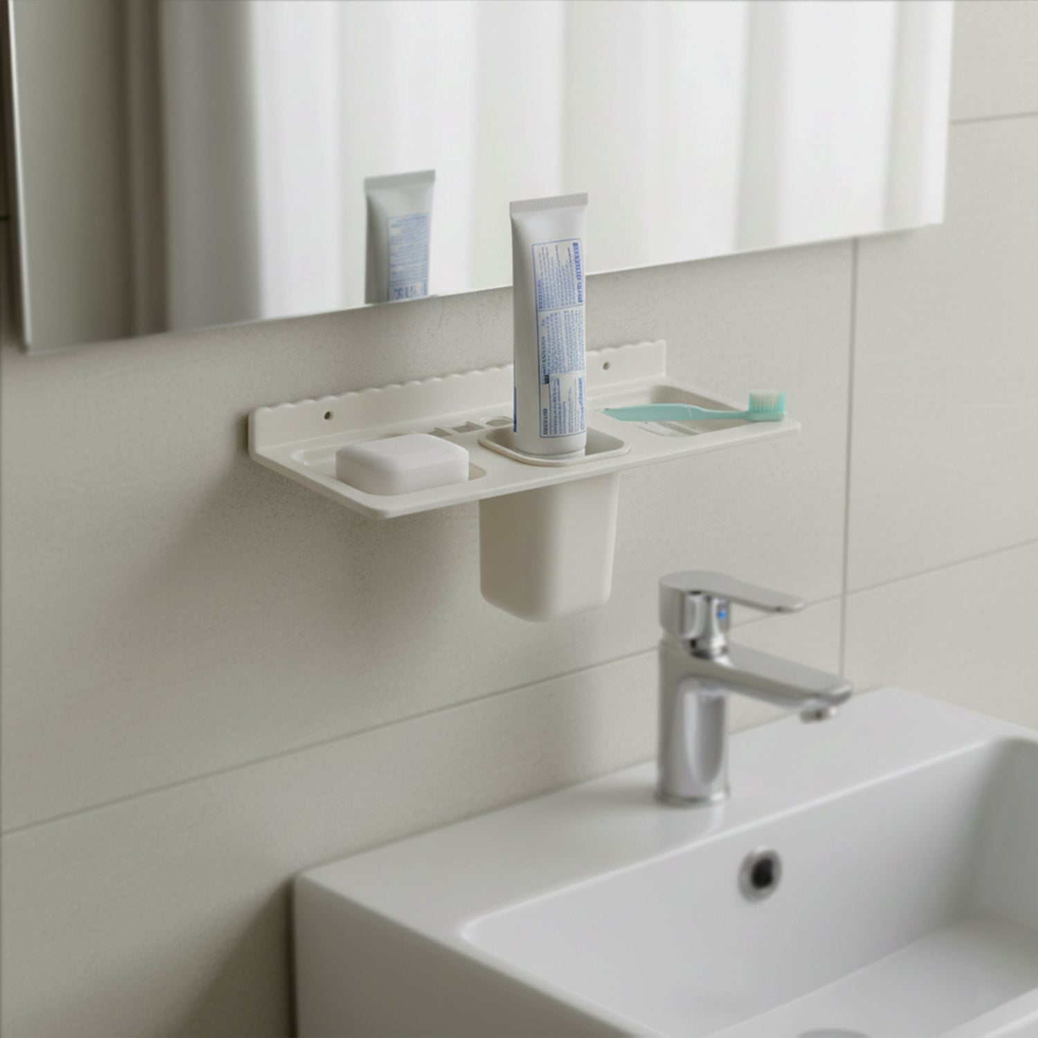 Frontal view of the multi-utility bathroom organizer showing all compartments.