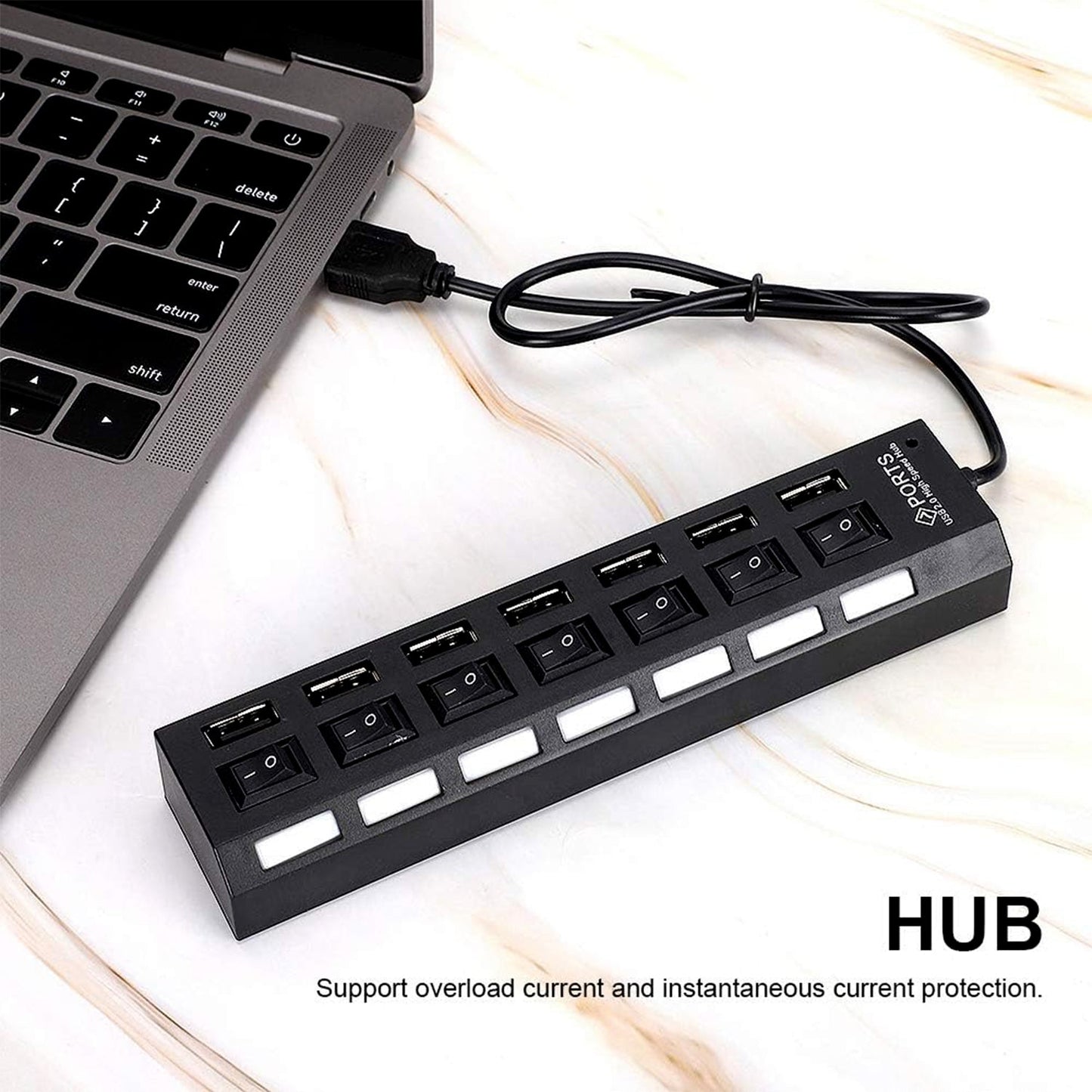 Compact 7 Port USB Hub, ideal for decluttering your workspace.