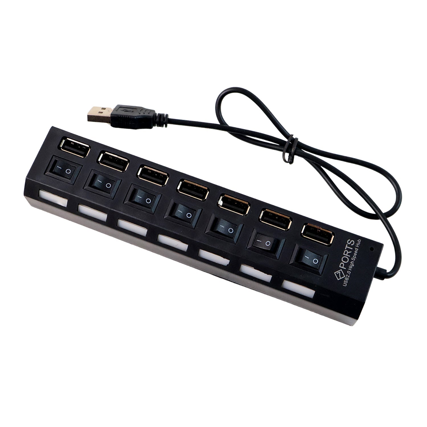LED indicators on the 7 port USB hub showing active data ports.