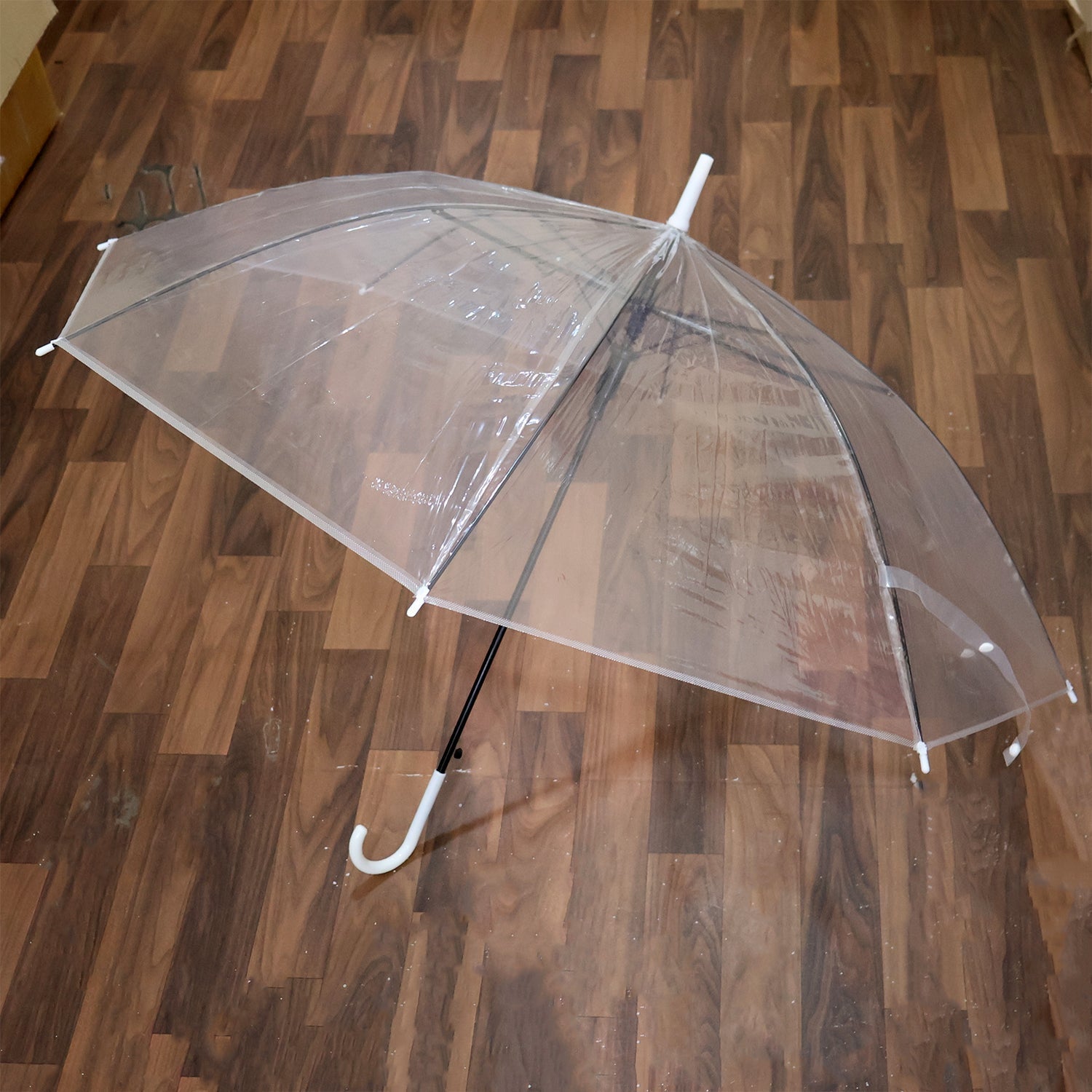 Folded transparent dome umbrella with ergonomic curved handle for easy carrying