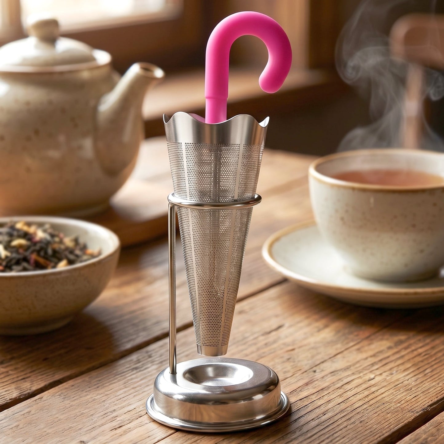 Close-up of the ergonomic hook handle on the stainless steel tea strainer for easy placement.