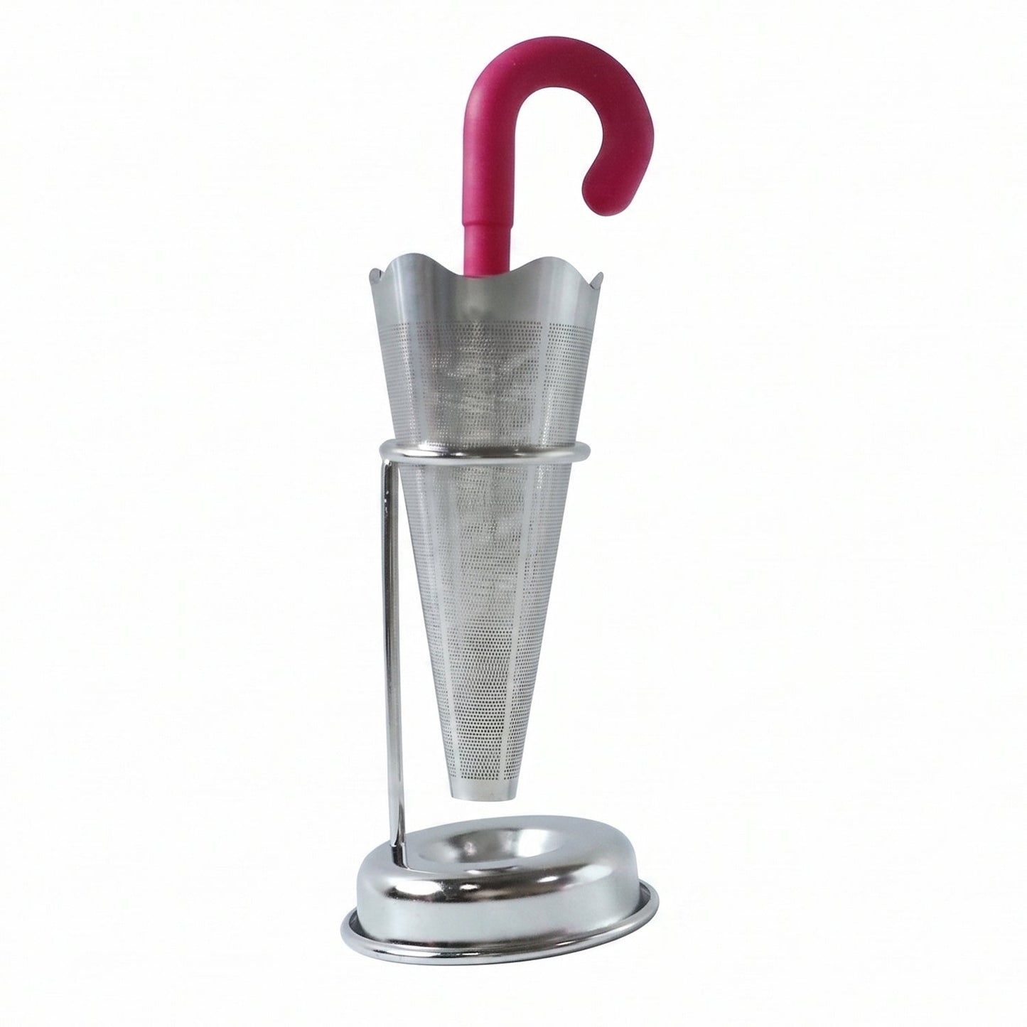 Stainless steel umbrella tea infuser resting securely on its dedicated drip tray stand, preventing spills.