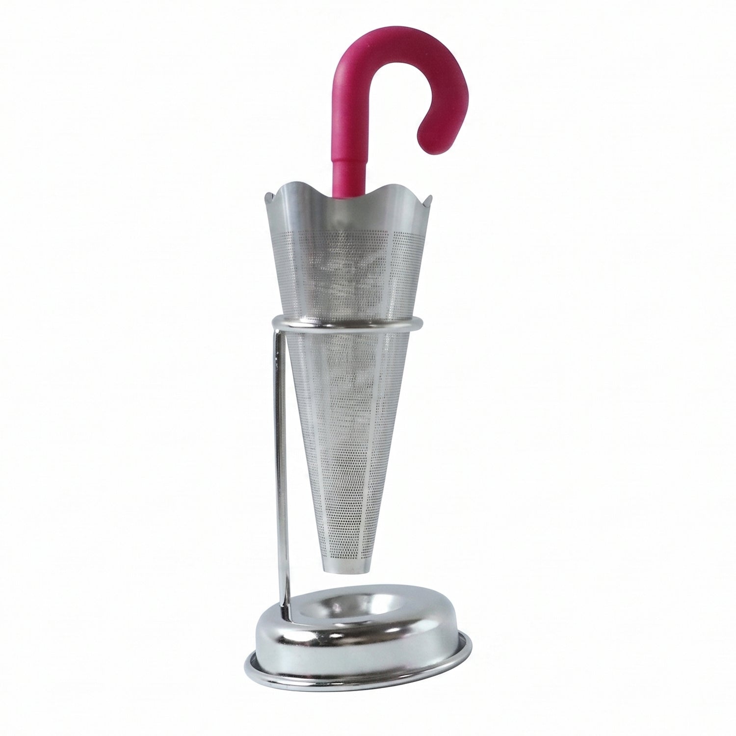 Stainless steel umbrella tea infuser resting securely on its dedicated drip tray stand, preventing spills.