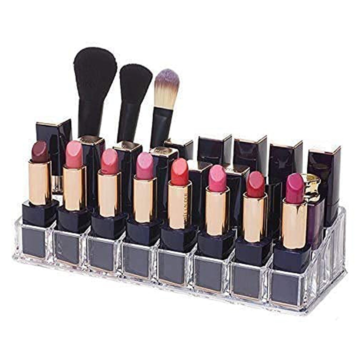 Clear acrylic lipstick holder with 24 sections, showcasing its organized cosmetic storage on a vanity.