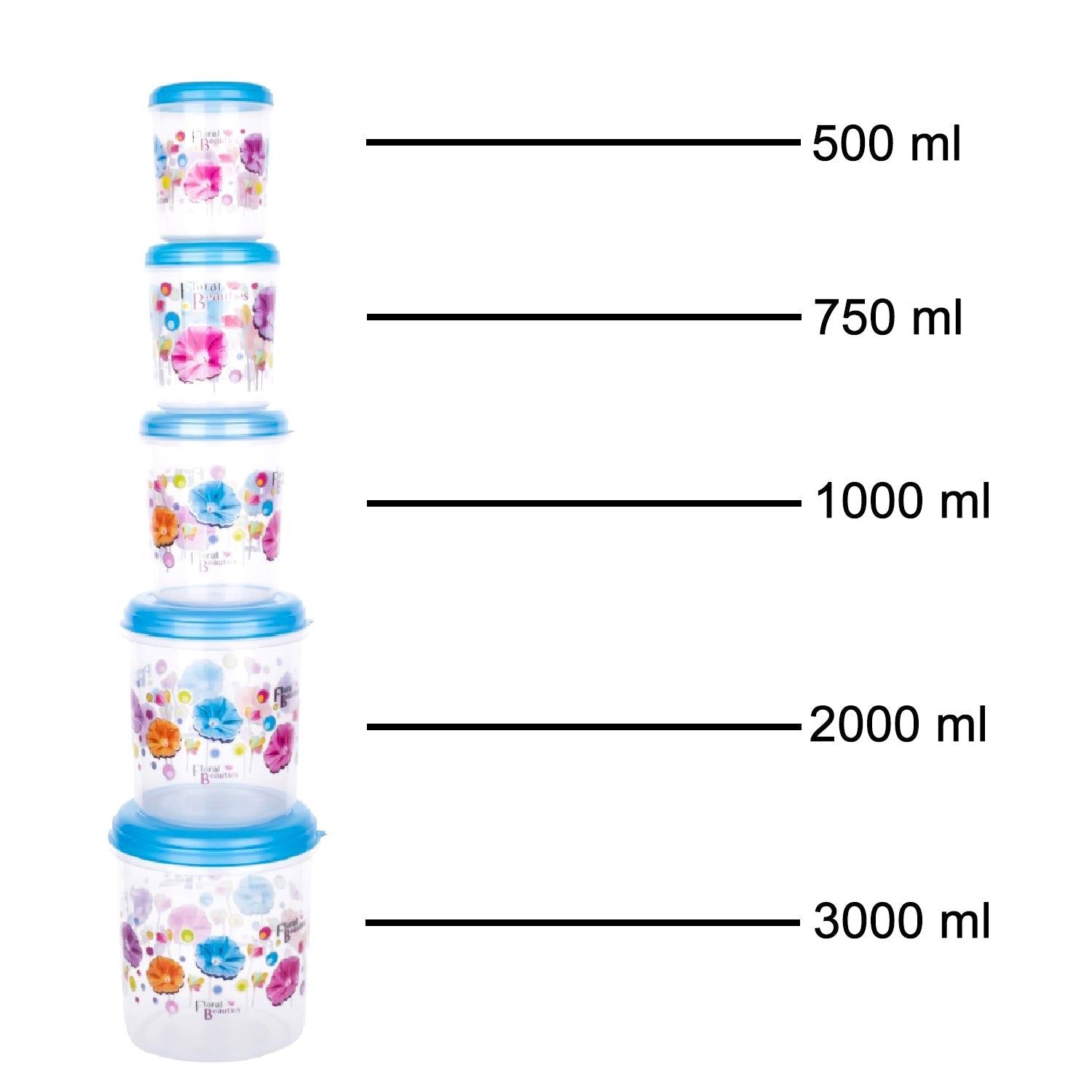 Full set of 5 transparent plastic containers neatly arranged in a modern kitchen.