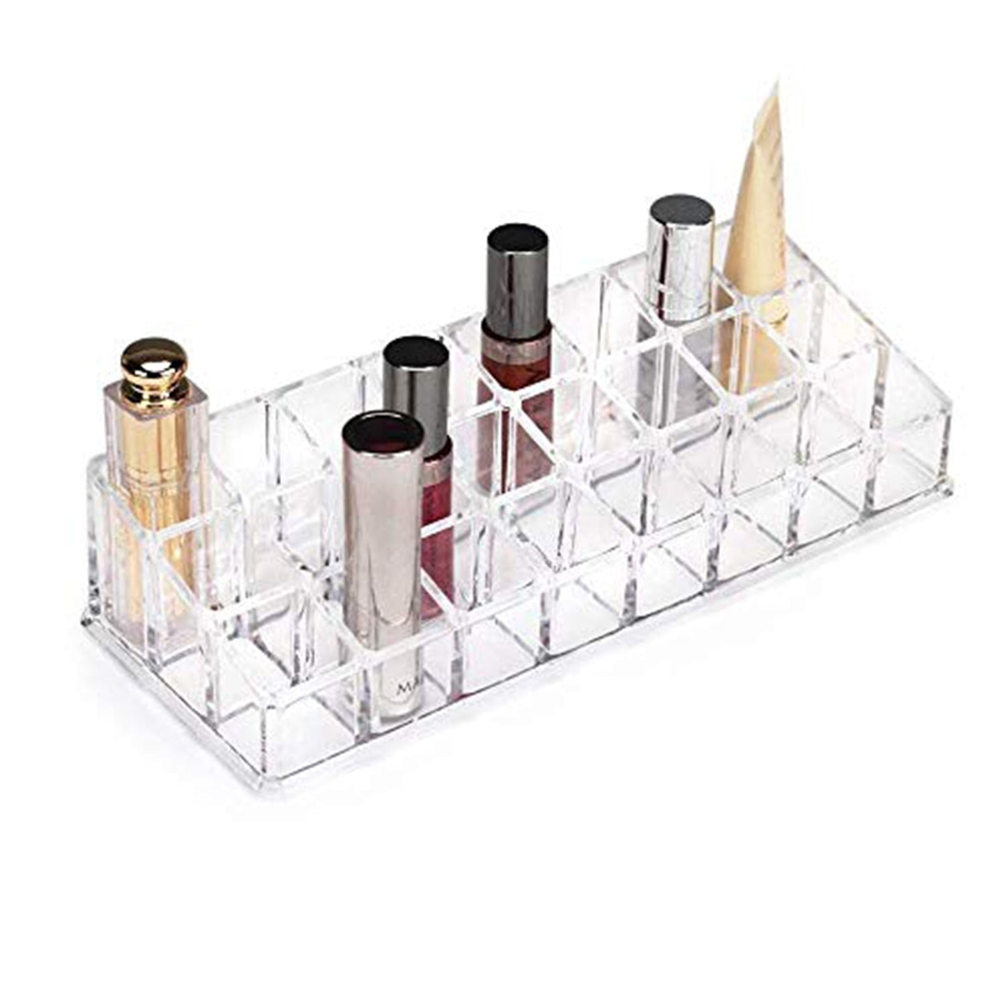 Top-down view of the clear acrylic makeup display stand, showing its efficient 24-section layout.