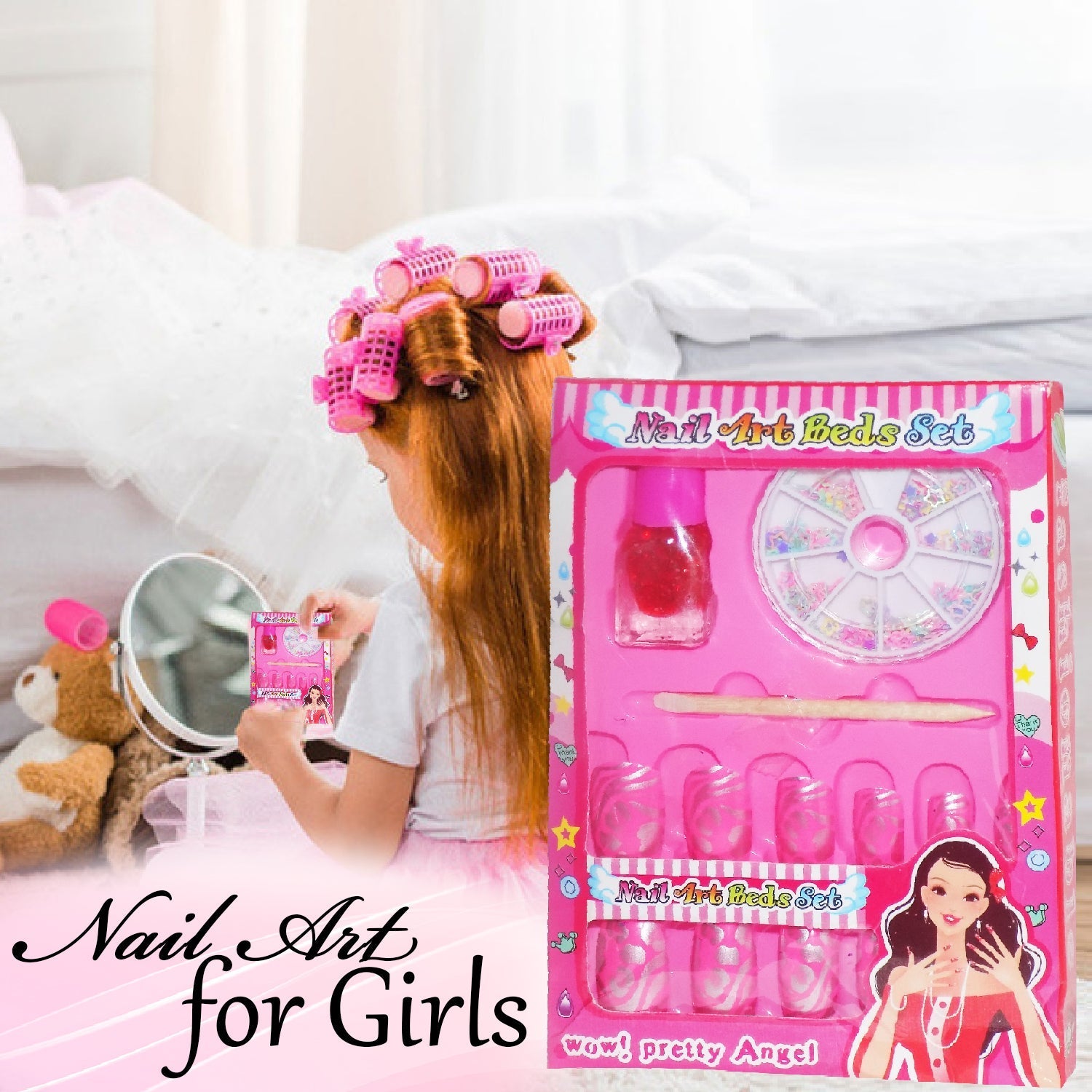 A vibrant Gamevana Girls Nail Art Kit laid out with various tools and artificial nails for creative play.